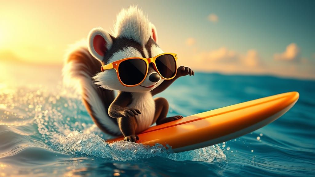 Cute CGI Skunk Surfs Hawaii Waves in Style