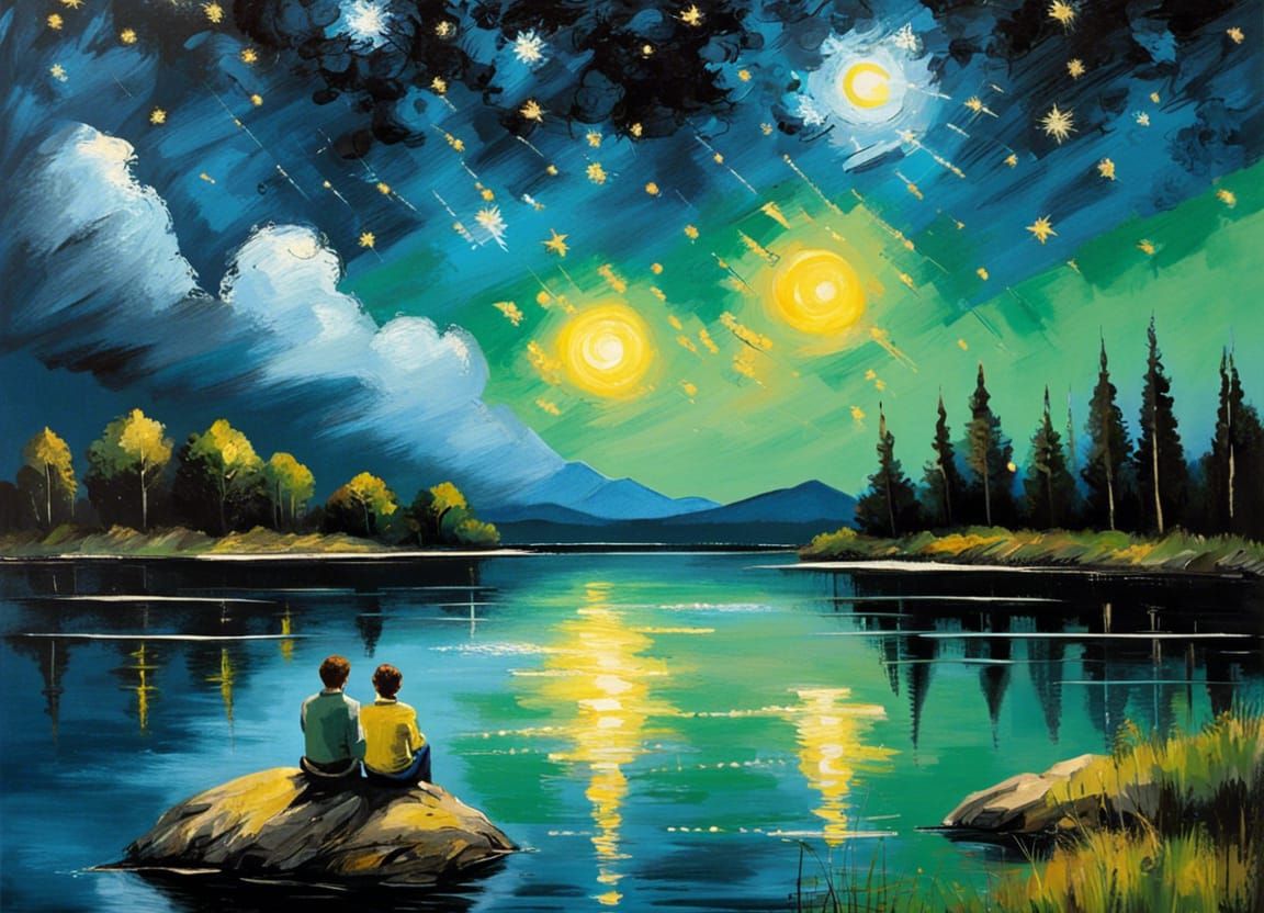 Friends by Lake: Starry Night Landscape Painting