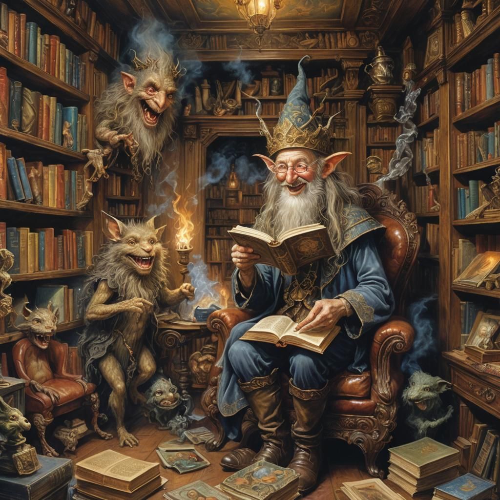 Mischievous Pixy Pulling Book, Hyperrealistic Fairytale Art