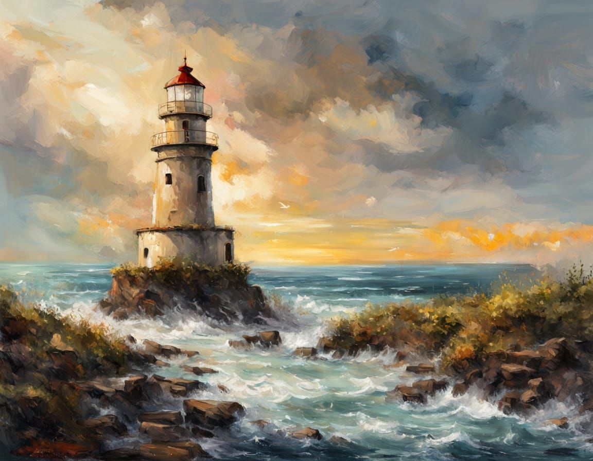 Impressionist Abandoned Lighthouse on Grand Waterscape