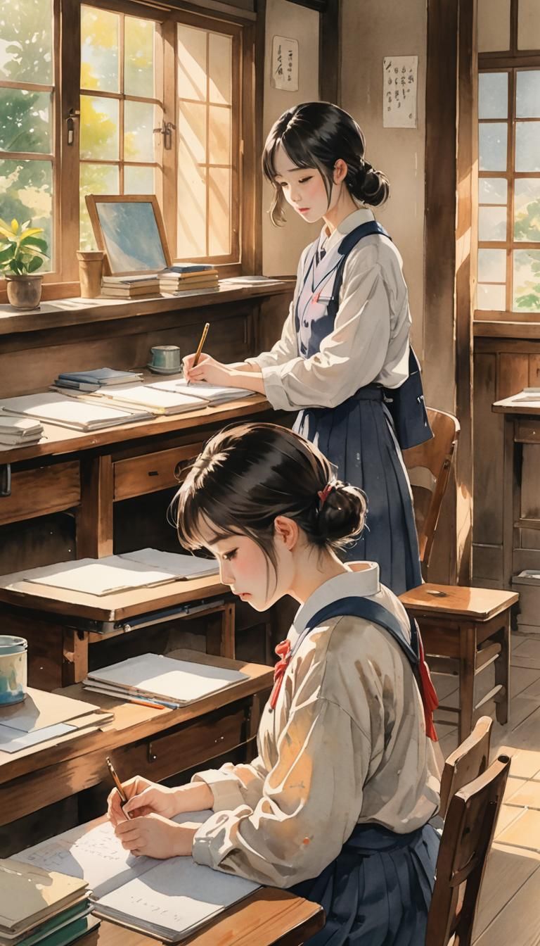 Japanese High School Classroom in Watercolor Style