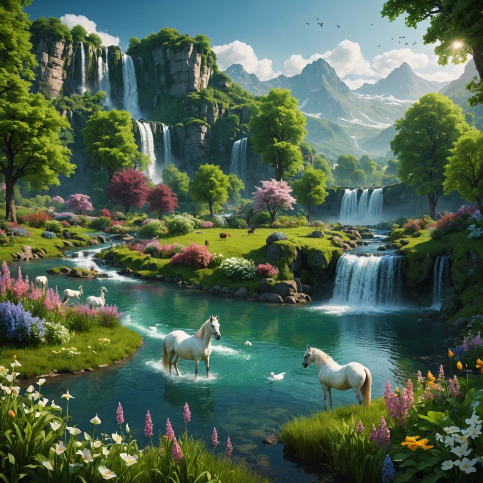 Lush Green Landscape with Waterfalls: Matte Painting
