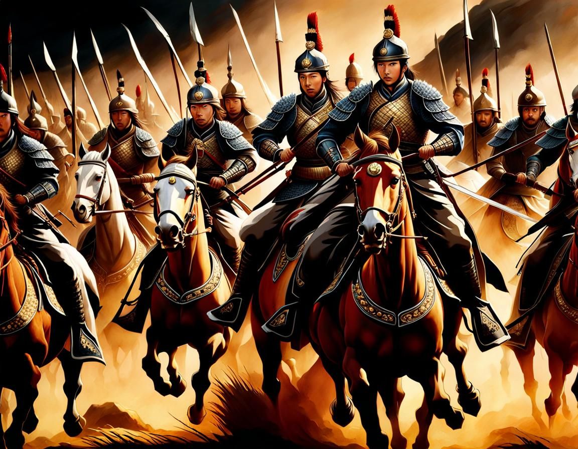 Cavalry Charge in Battle, Chinese Painting Style