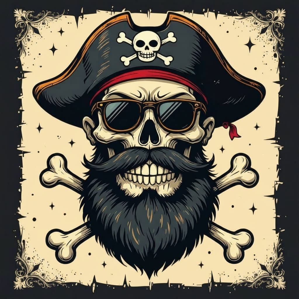 Jovial Pirate Skull with Bushy Beard
