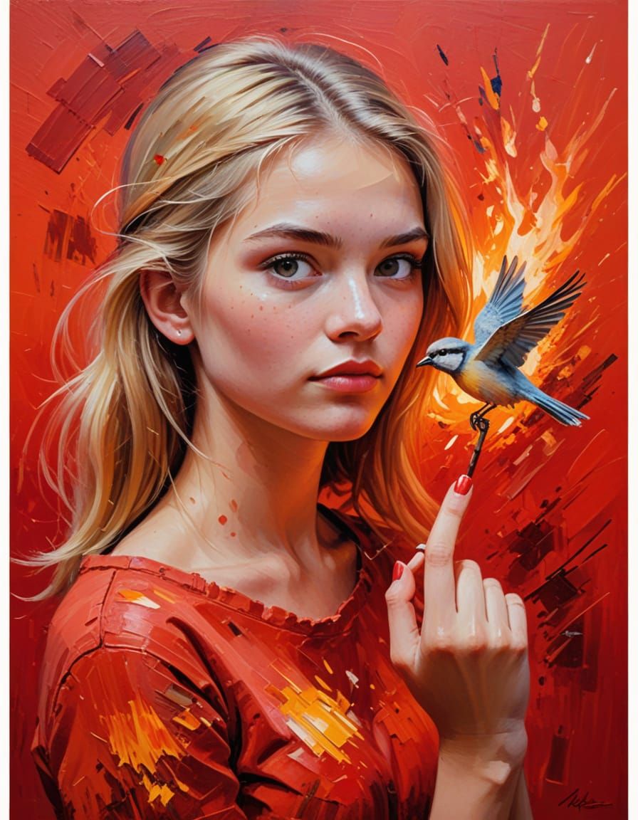 Girl with Bird, Red Abstract Oil Painting