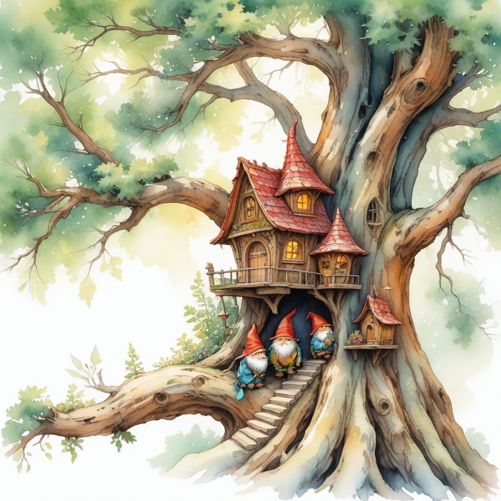 Gnome Treehouse Village in Watercolor