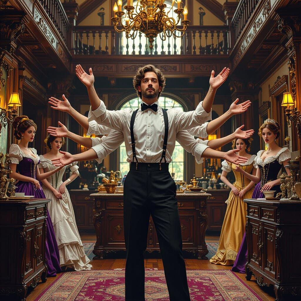 Victorian Man with Ten Arms Doing Chores