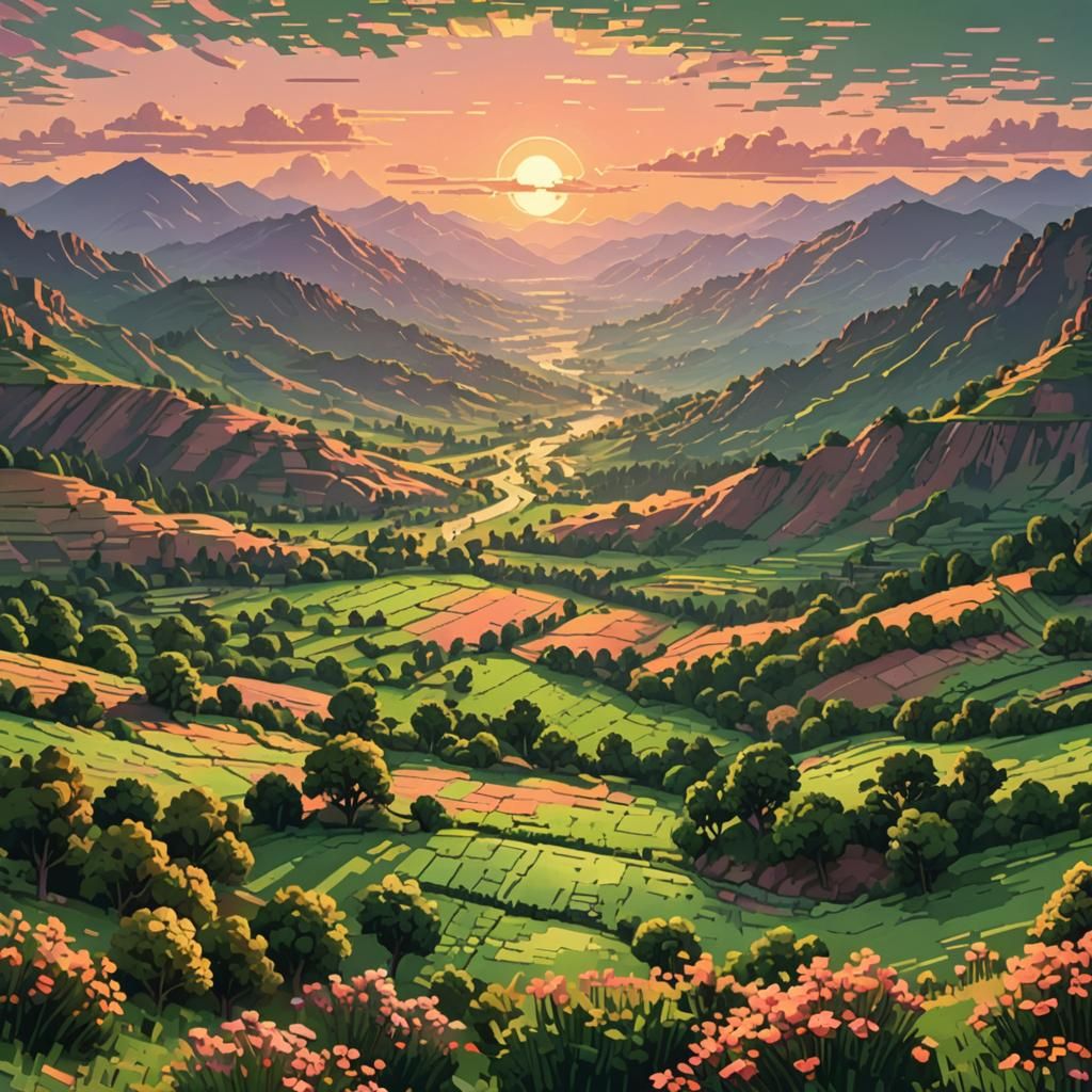 Golden Sunset Over Green Valley in Pixel Art
