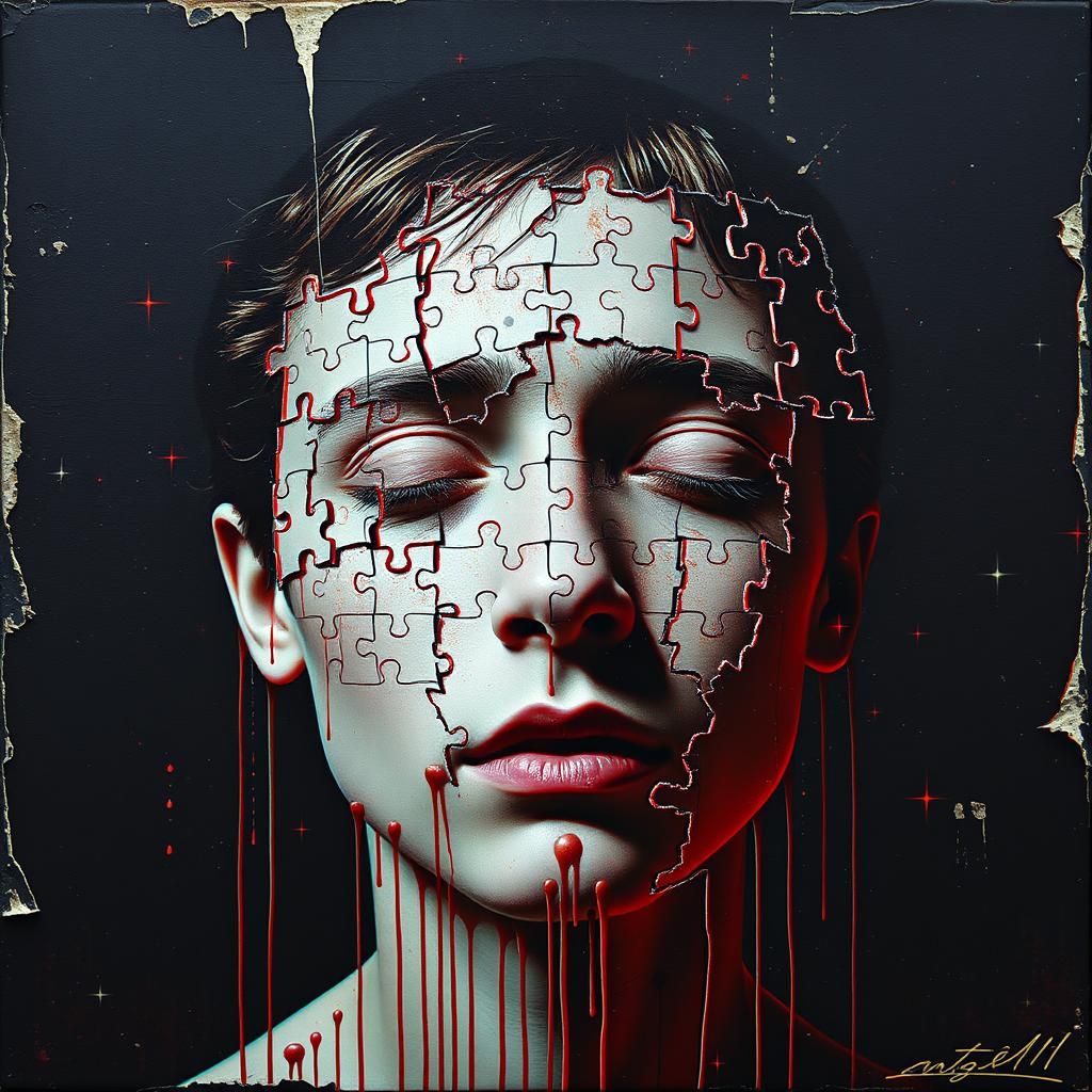 Surreal Fragmented Face with Glitchy Digital Puzzle Pieces C...
