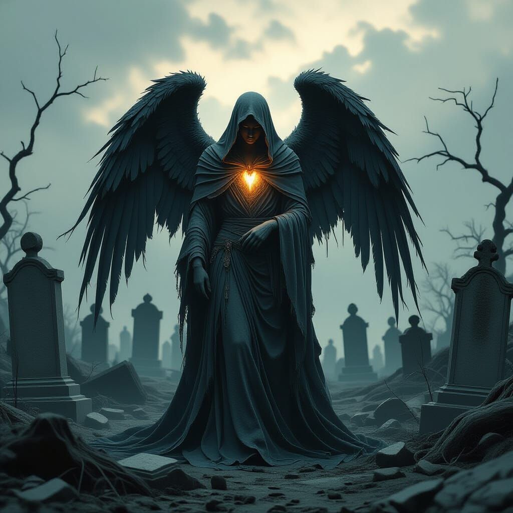 Sorrowful Angel in Graveyard, Digital Art