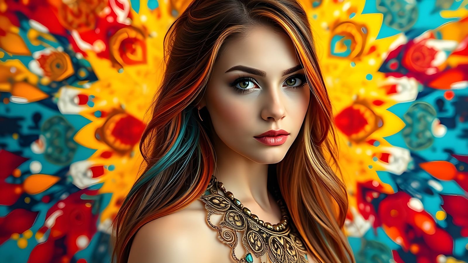 Vibrant Portrait with Ornamental Patterns in Pop Art Style