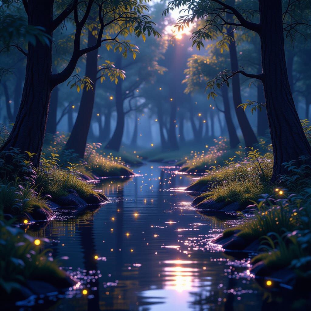 Tranquil Pond in Dark Fantasy Forest with Fireflies