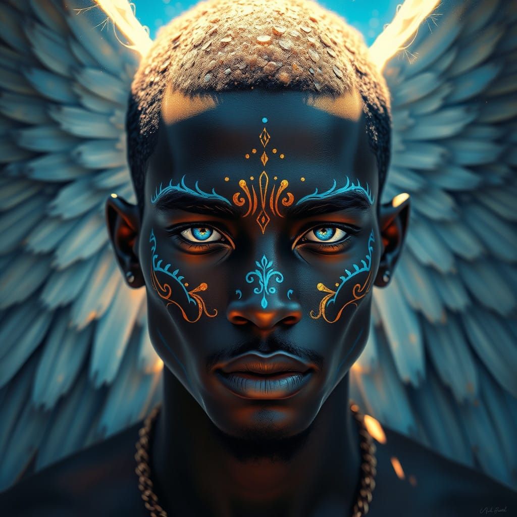 A very beautiful utopic angel  man with dark skin, sapphire ...