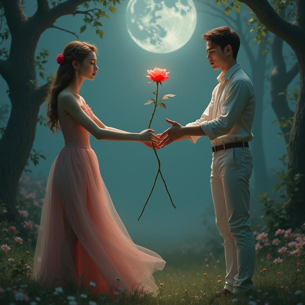 Woman Offering Rose in Moonlit Fantasy Realm