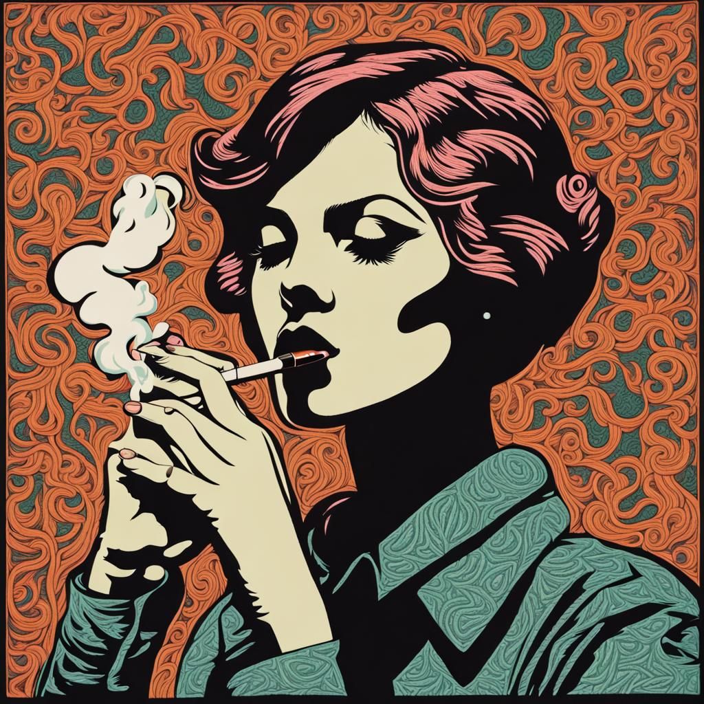 Retro Girl Smoking: Detailed Linocut Relief Print