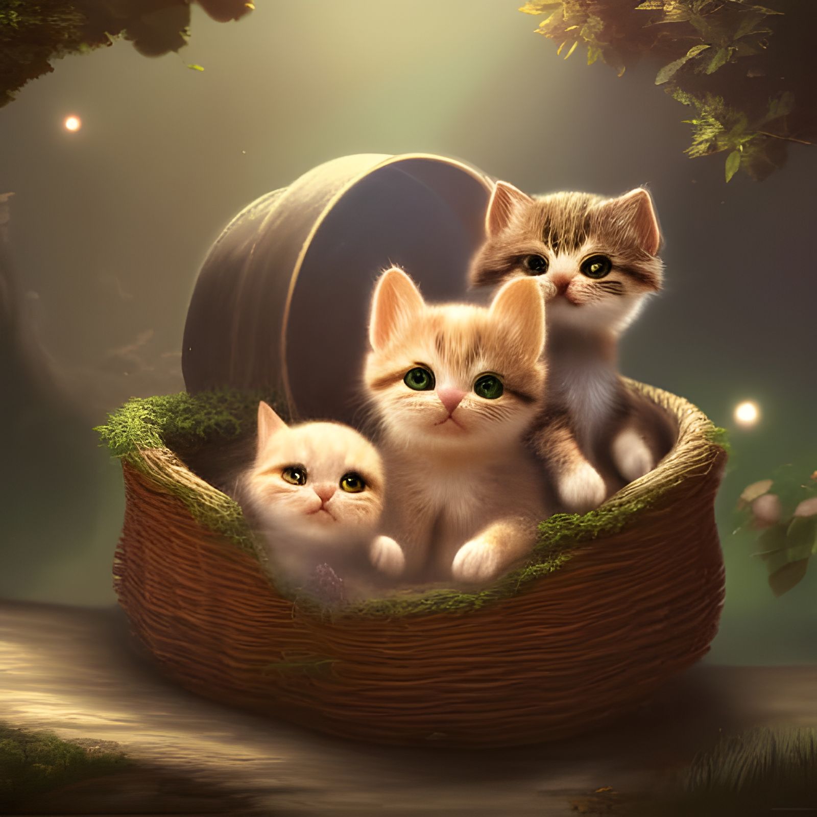Cute Cats in Basket: Detailed Matte Painting