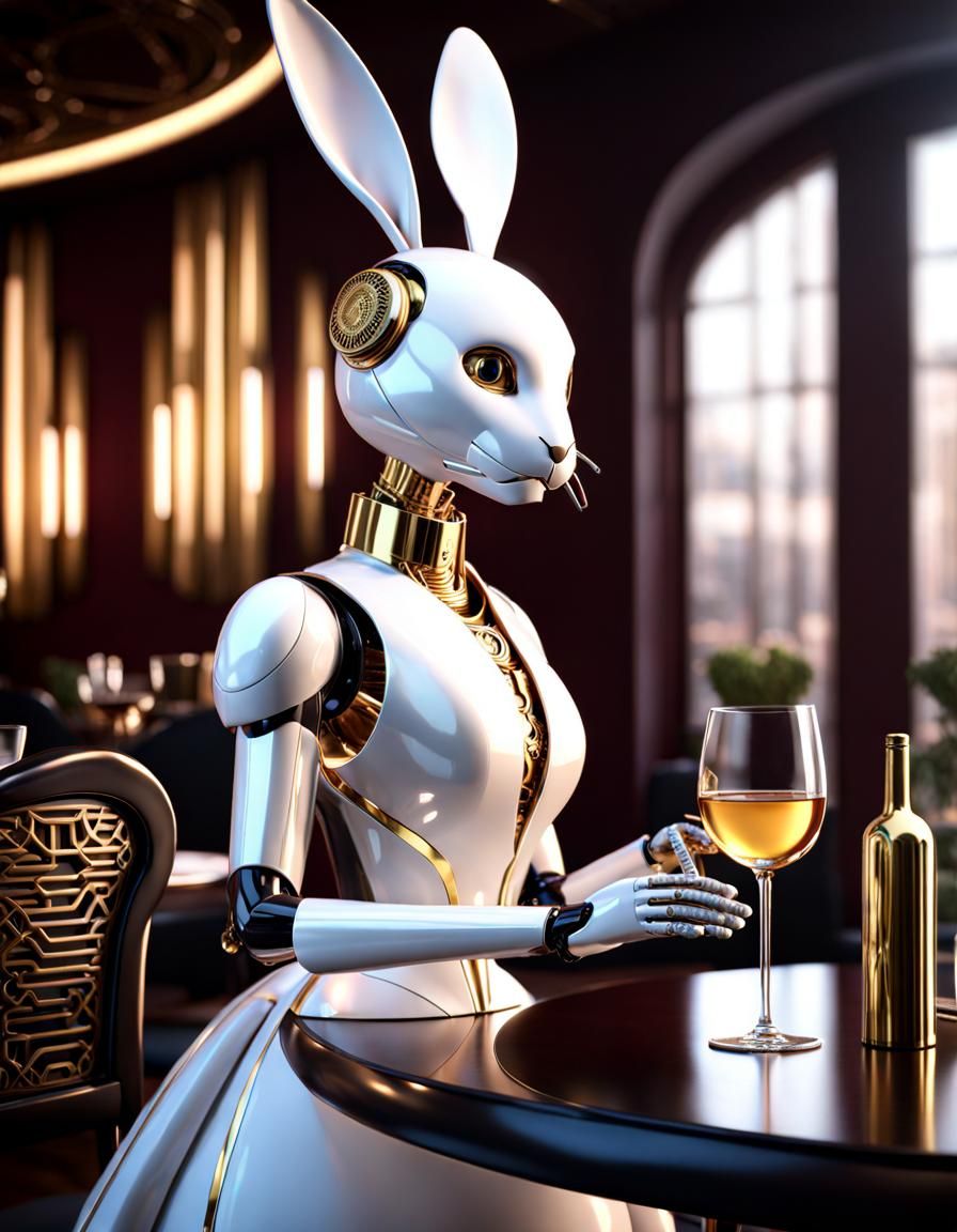 Robot Rabbit Butler Serving Wine in Cyberpunk Restaurant
