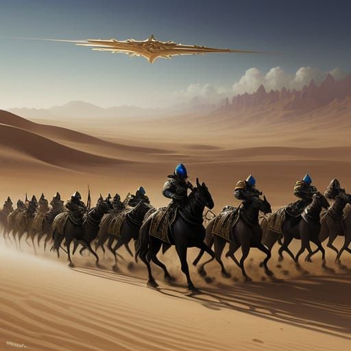 Epic Fantasy Armies Marching in Desert Under Dramatic Lighti...