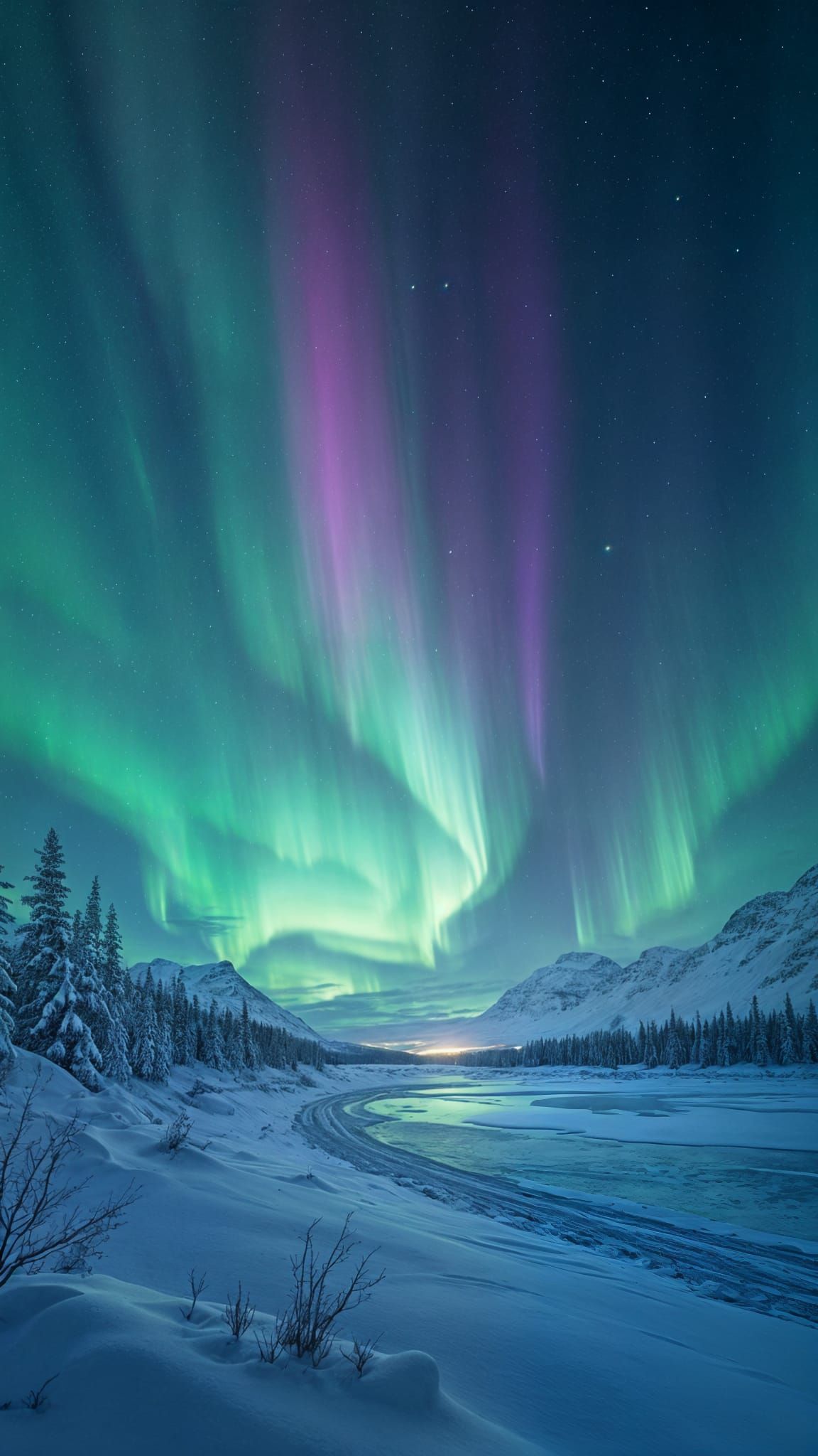 Northern Lights in Norway: Green and Purple Waves Over Snowy...