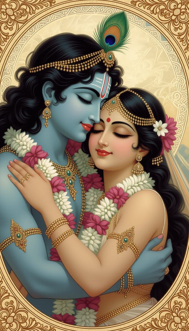 Krishna and Radha Embrace in Classical Style