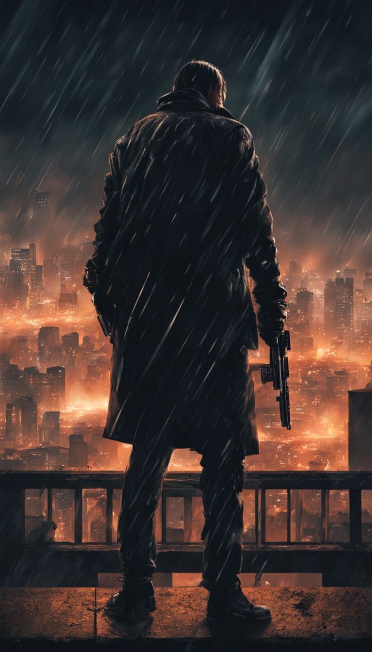 Gritty Assassin Stands Amidst Neon City Ruin in Cinematic Po...