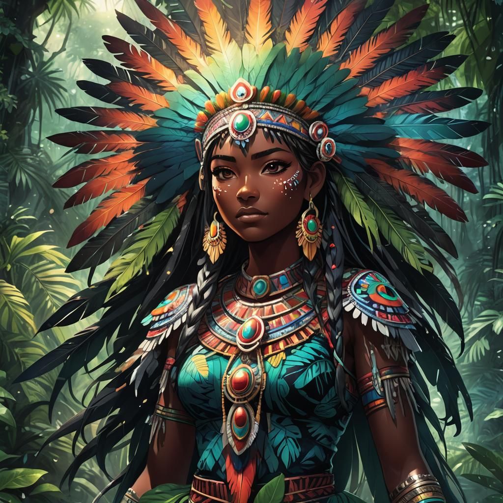 Aztec Anime Girl in Jungle, Art Deco Fauvism Style