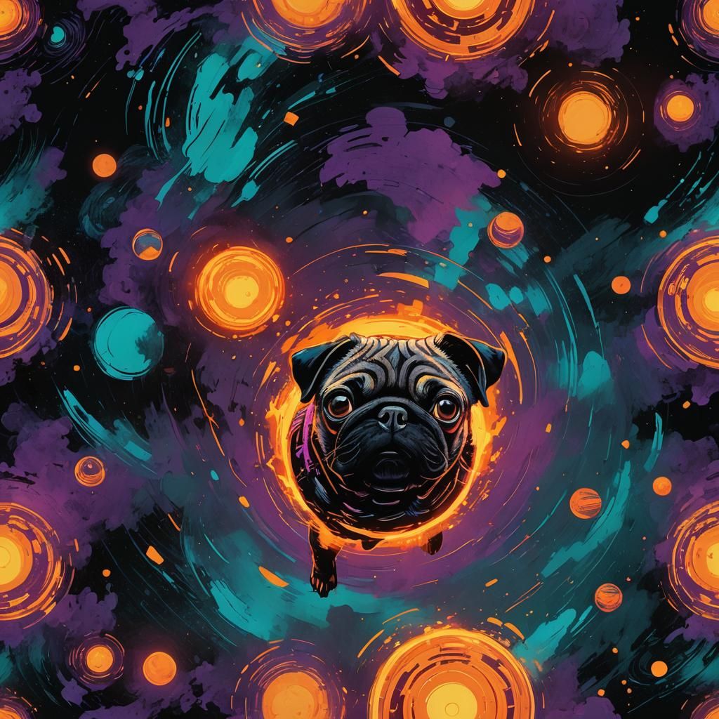 Fiery Pug Floats Above Molten Sun