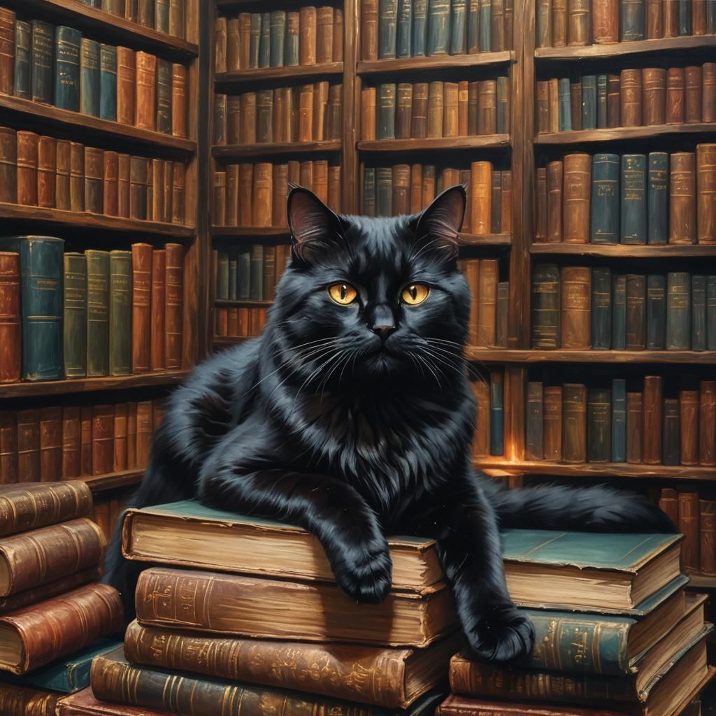 Vintage Library with a Luxuriant Black Cat in Warm, Amber Li...