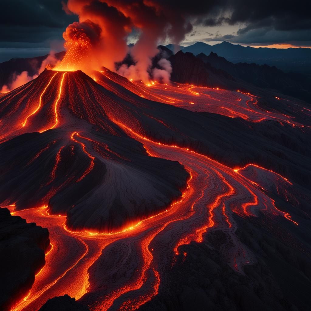 Dramatic Volcanic Landscape with Lava Flow