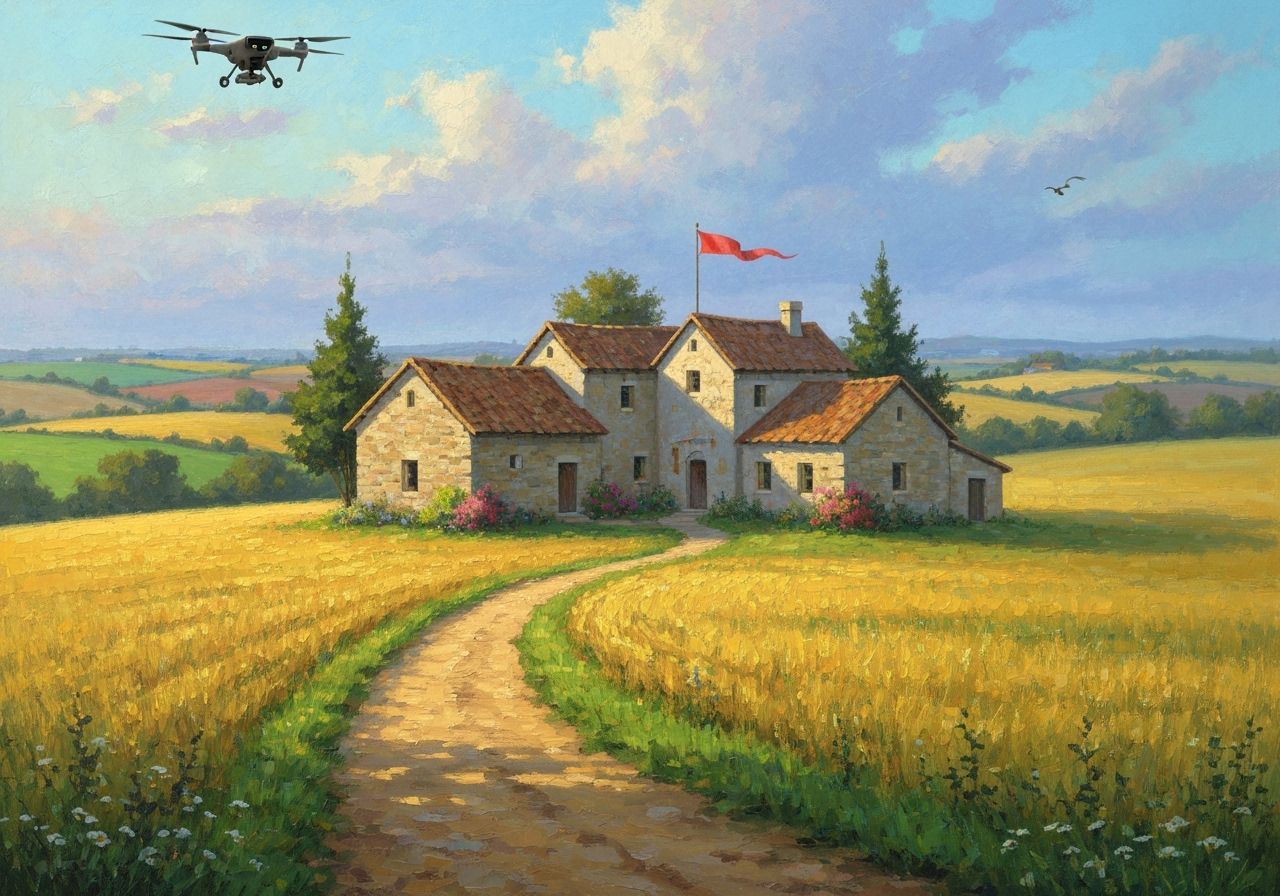 Rustic Village with Red Flag in Impressionistic Style