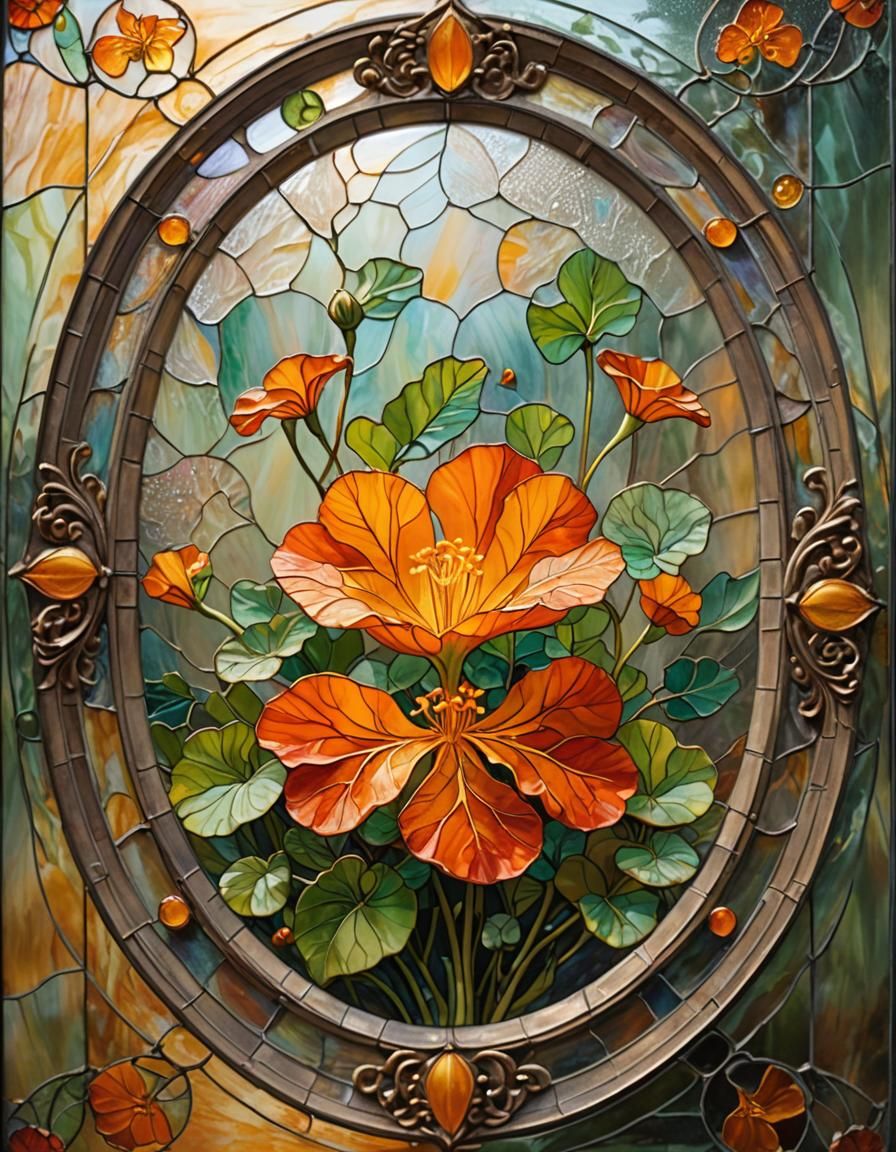Surreal Stained Glass Flower in Ornate Frame