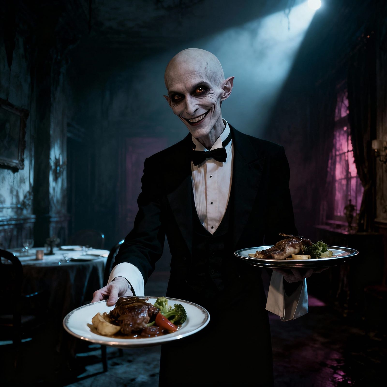 Suspicious Waiter in Eerie Film Noir Lighting