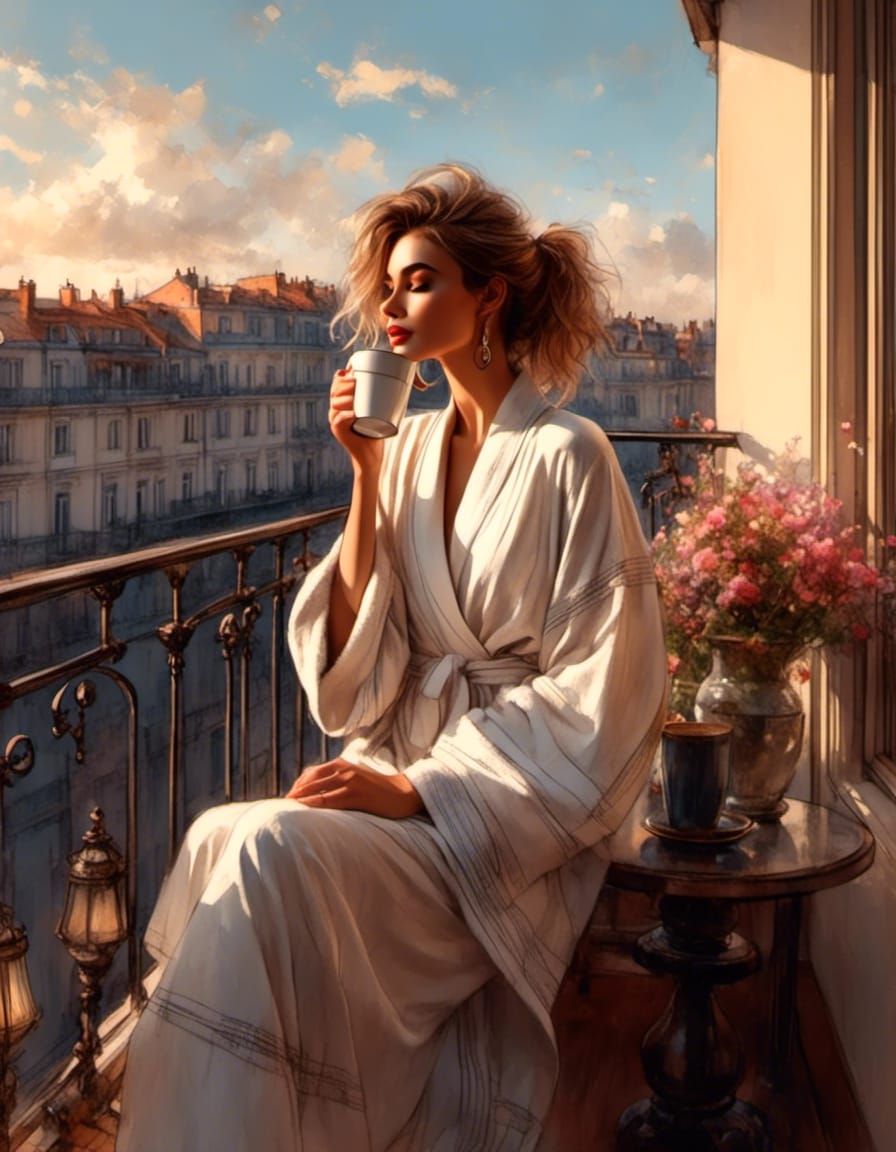 Detailed Sketch of Woman Drinking Coffee on Balcony