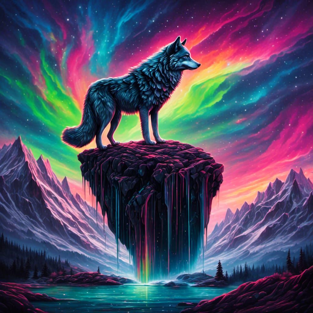 Wolf Under Northern Lights: Graffiti Art Style