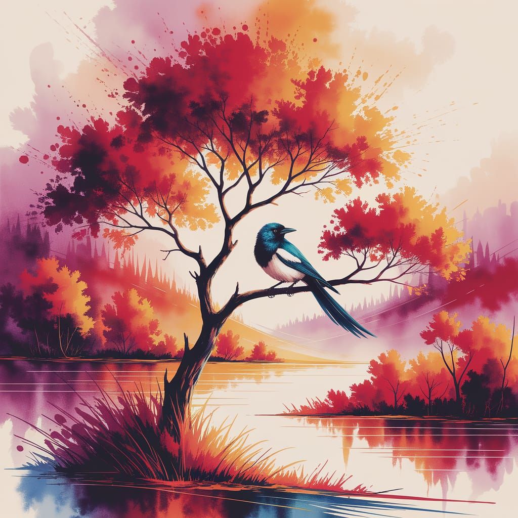 Vibrant Magpie on Golden Rain Tree in Autumn Watercolor