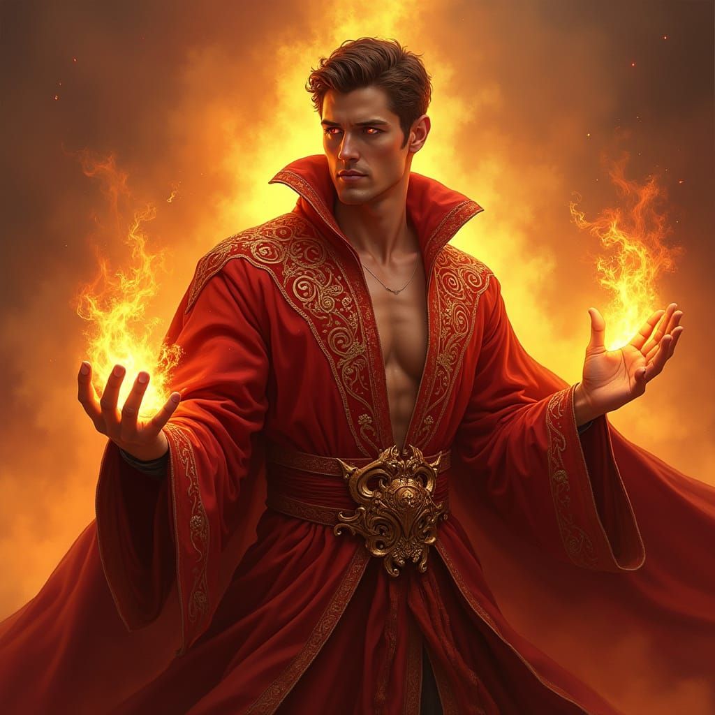Mystical Sorcerer Unleashes Fiery Power in Red and Gold Robe