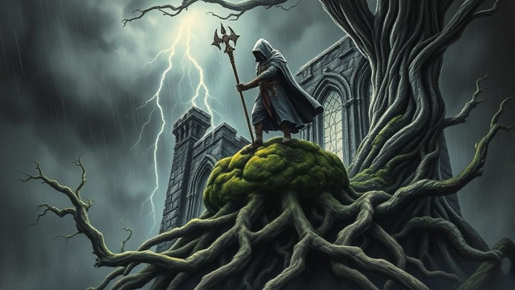 Hooded Warrior in Mystical Storm, Dark Surrealism