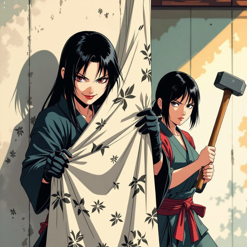 Voluptuous Ninja Hides Behind Wall Pattern Cloth