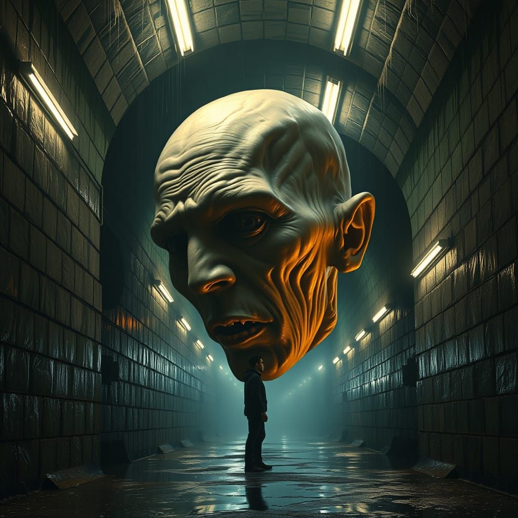 Surreal Tunnel Scene with Giant Head