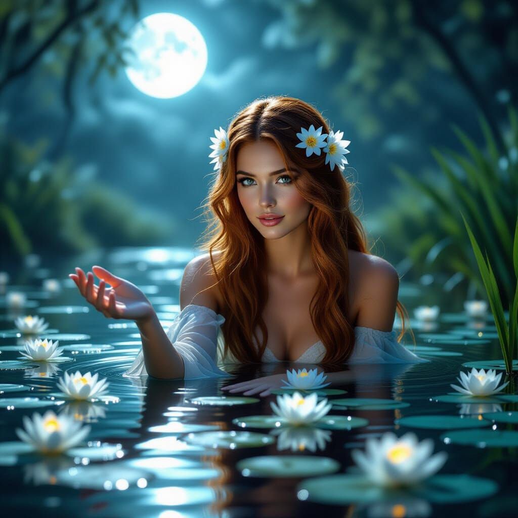 Photorealistic Nymph in Magical Moonlit Pond