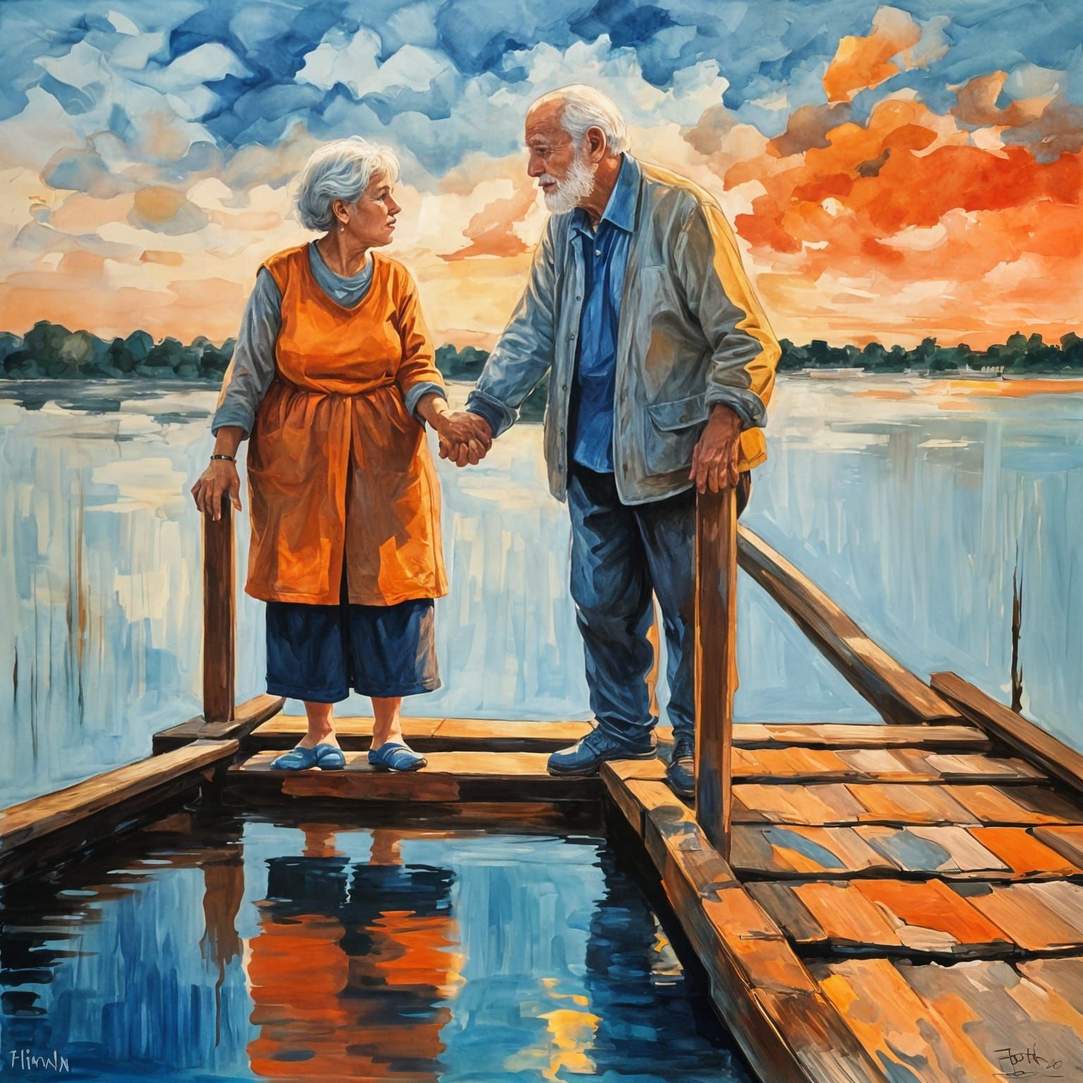 Elderly Couple at Sunset: Abstract Art