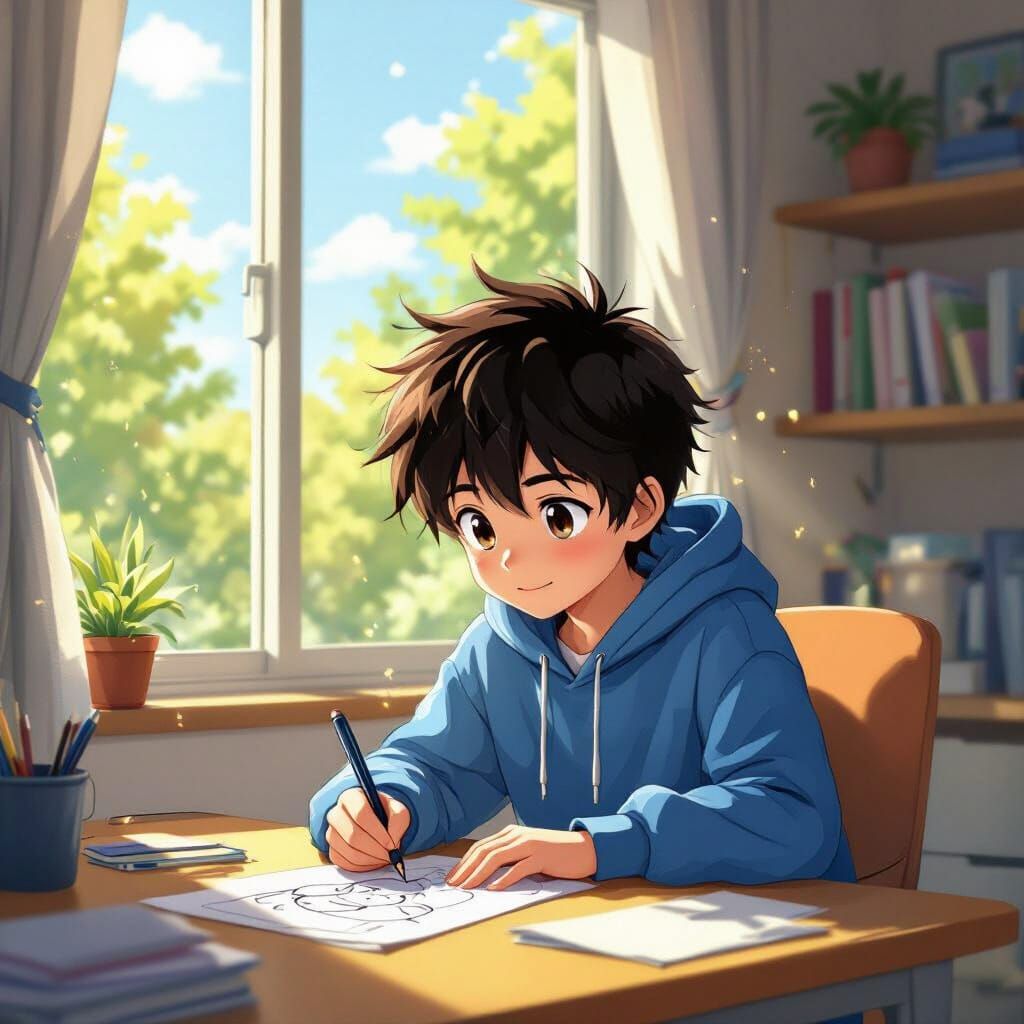 Anime Boy Drawing in Sunny Bedroom, Vibrant Cell Shading