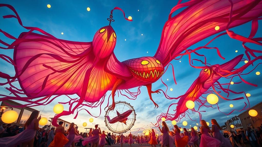 Dreamlike Parade: Giant Kites & Glowing Orbs