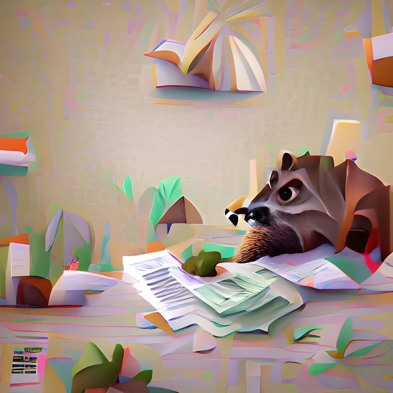 Cartoon Raccoon Diligently Doing Taxes
