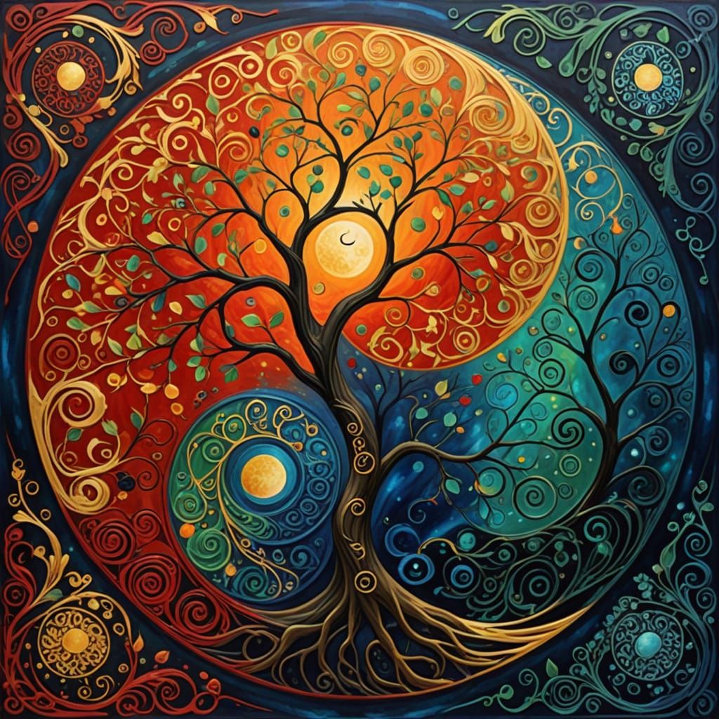 Stylized Yin Yang Symbol with Vivid Colored Trees