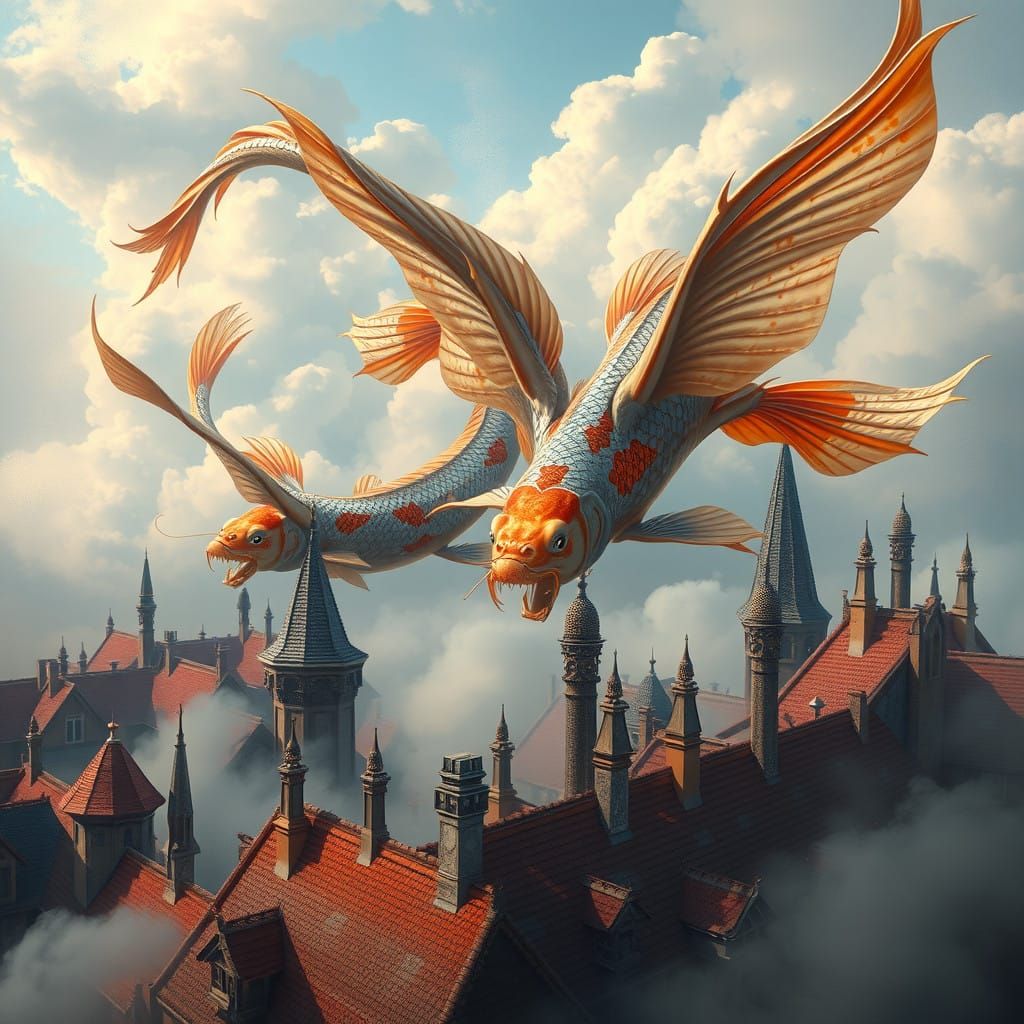 Ethereal Koi Dragons Soar Over Medieval Town in Dreamlike Su...