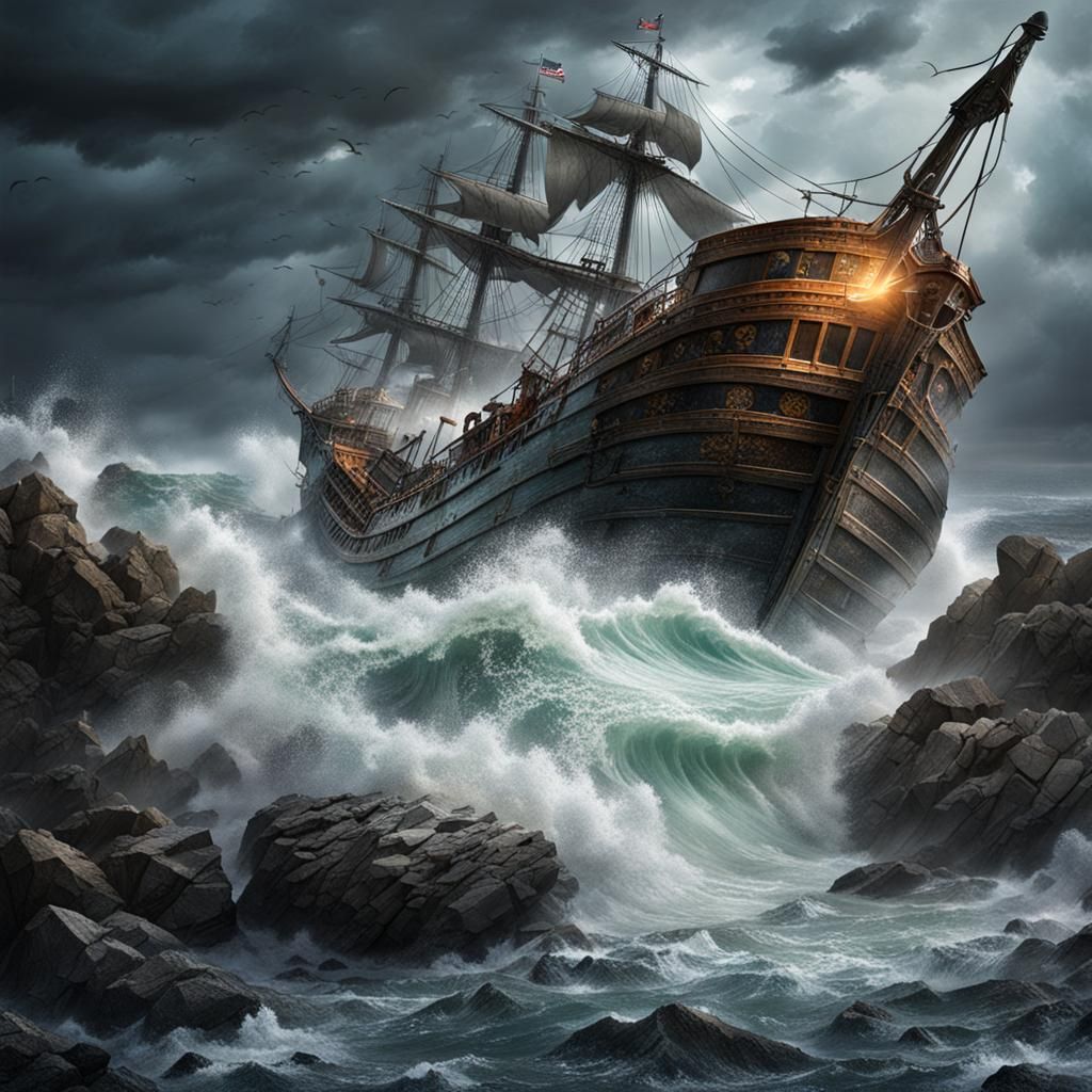 Pirate Ship Wrecked in Stormy Seas