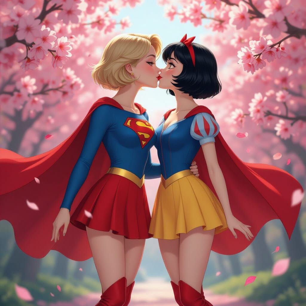 Supergirl and Snow White Kiss in Anime Style