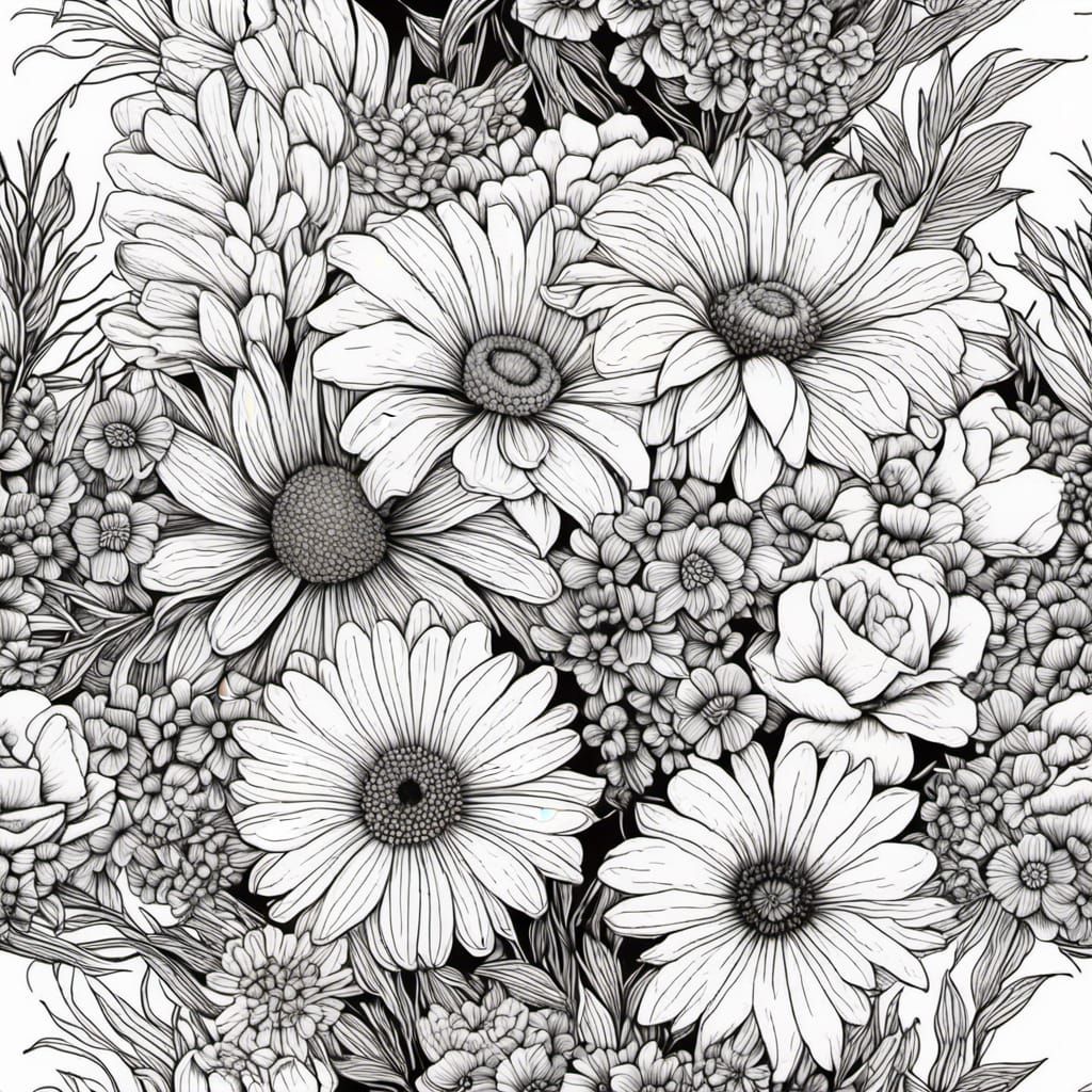 Intricate Line Art Flower Bouquet in Pyrography Style