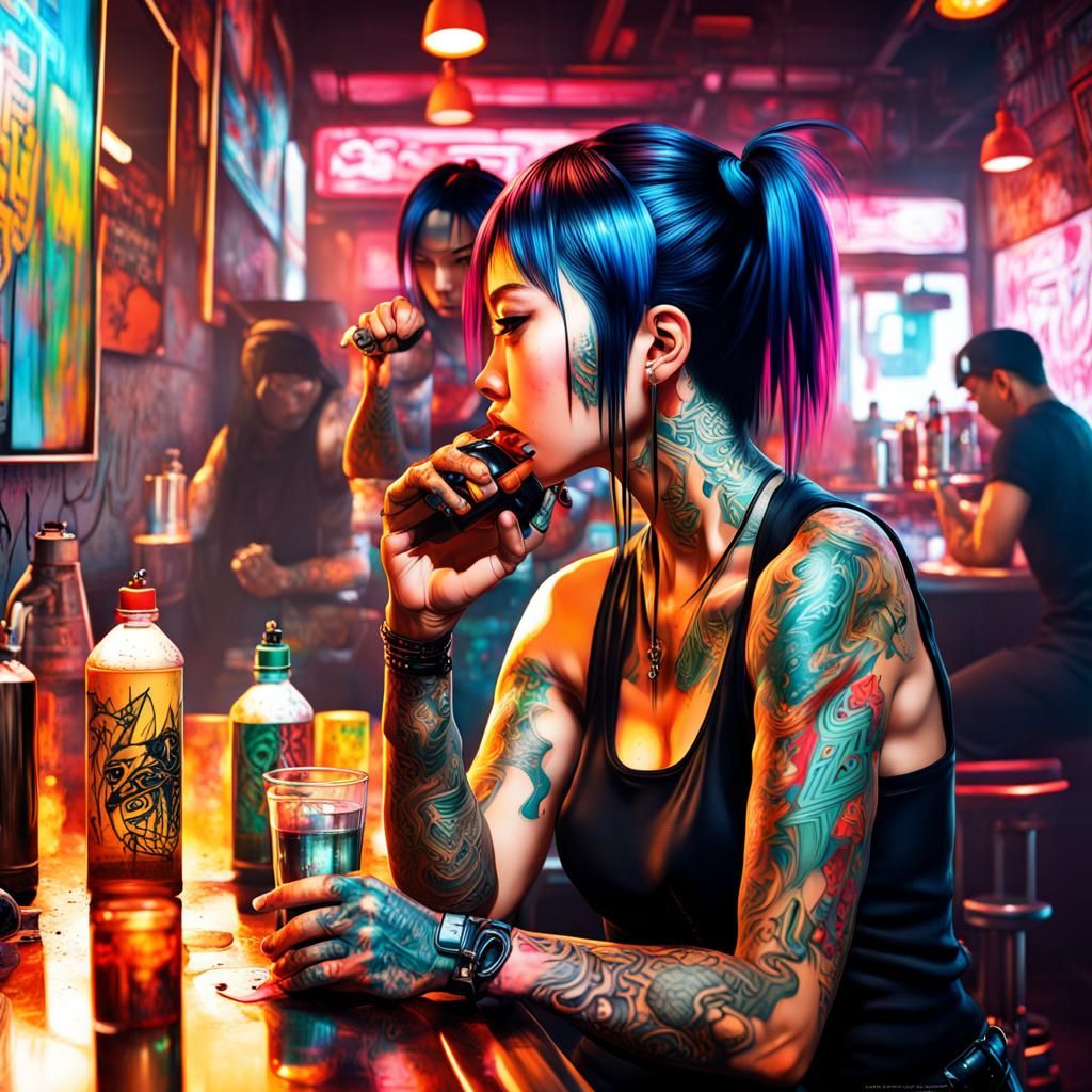 Cyberpunk Asian Women in Bar Scene